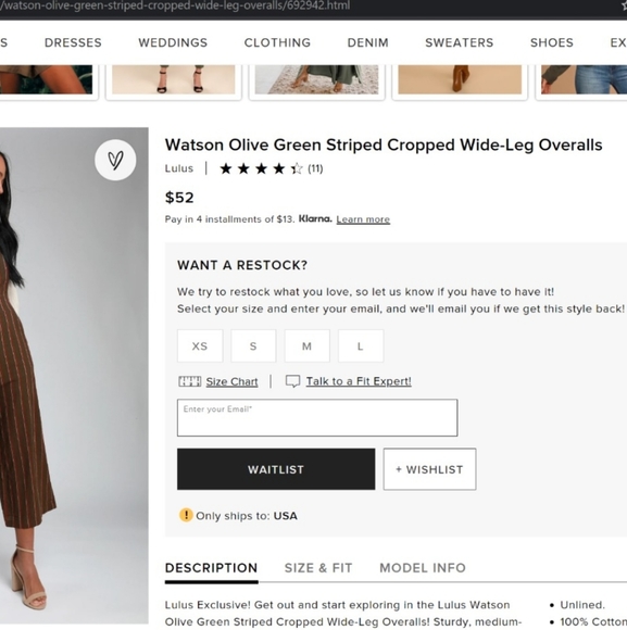 NWOT - Lulu's Watson Olive Green Striped Cropped Wide-Leg Overalls - Picture 7 of 9